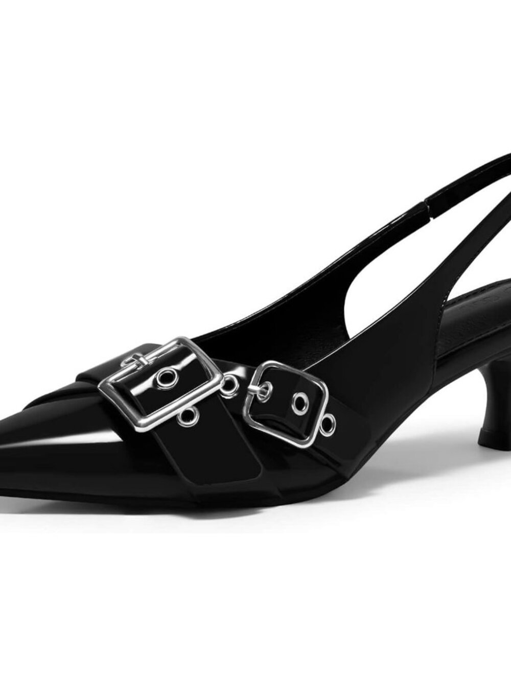 Coutgo Women's Black Close Pointed Toe Slingback Buckle Ankle Strap Heels Shoes - Picture 3 of 6
